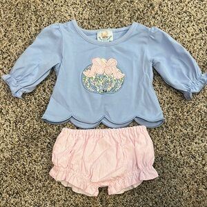 Petit Ami Pumpkin Applique Bloomer Set - Light Blue & Pink Gingham